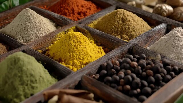 Assortment of vibrant culinary spices in a divided wooden box displayed with fresh ginger and leaves