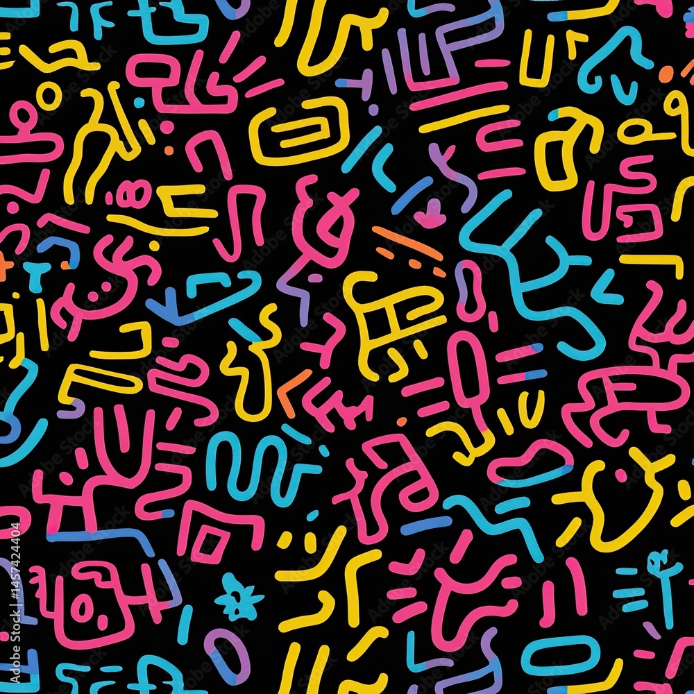Poster vibrant abstract pattern with bold, colorful lines and shapes on a dark background