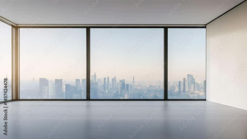 Poster Soft morning sunlight gradually spreading across minimalist workspace, illuminating expansive urban panorama through large contemporary windows with pristine cityscape backdrop