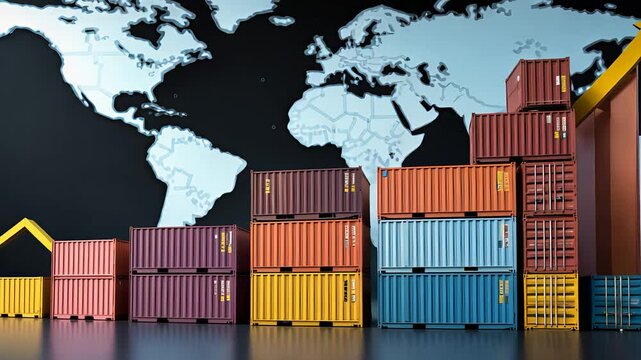 Stacked cargo containers with a world map in the background and rising graph line, symbolizing global trade and logistics growth.

