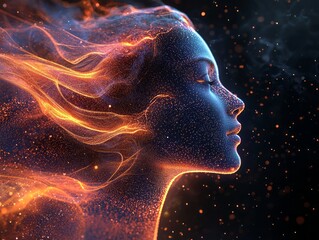 Futuristic glowing female portrait in particle flow