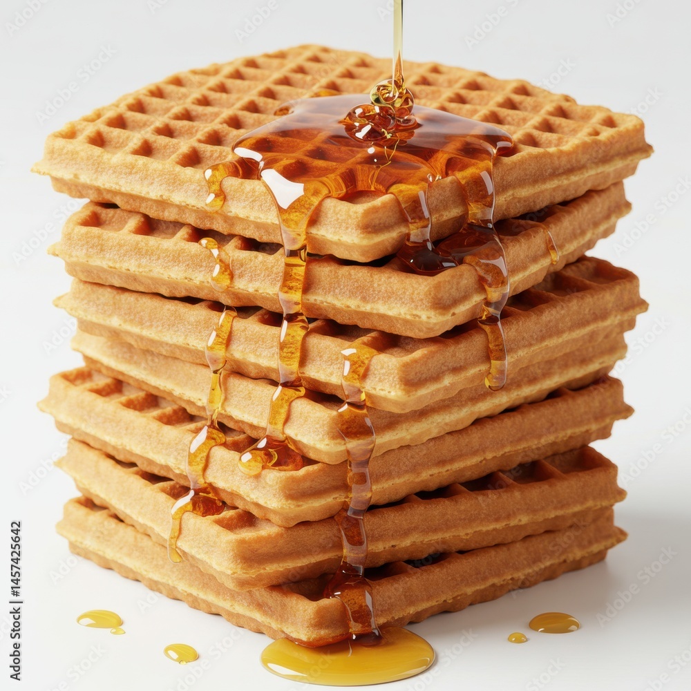 Poster stack of waffles with syrup being poured on top against a white background in a studio setting
