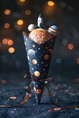 Rocket-themed school cone on dark background