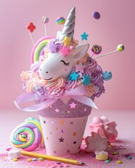 Fantasy unicorn Schultüte with pastel candy and school supplies
