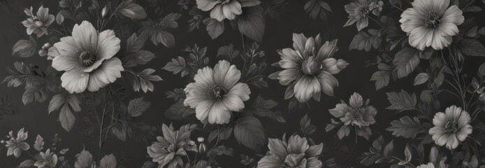 Subtle charcoal floral wallpaper, vintage blooms & foliage, seamless pattern,  nature