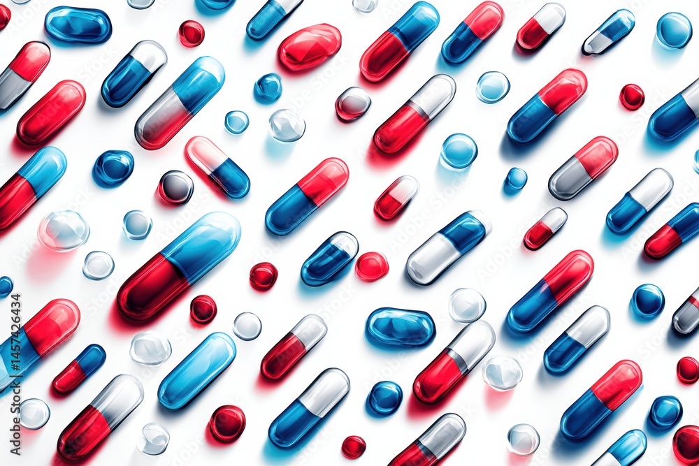 Poster Colorful Scattered Capsules on White Background Creating an Artistic Layout With Red and Blue Capsules Arranged Uniquely for Visual Appeal Generative AI