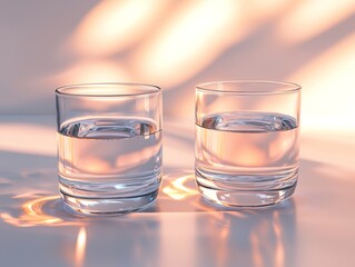 Two clear water glasses with soft reflections in pastel light