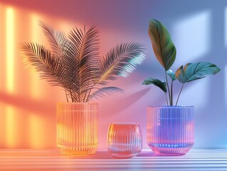 Tropical plants in ribbed glass pots with colorful gradient lighting