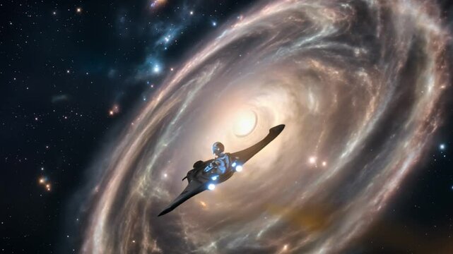 Spaceship exploring a colorful galaxy in outer space  