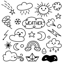 Doodle-style set of vector weather icons. Minimalist Black and White Silhouette Art