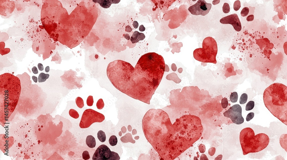 Poster a delightful arrangement of red hearts and paw prints in various shades on a light background captur