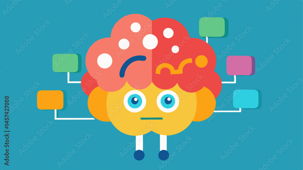 Poster brain overload an of a brain filled with colorful chaotic icons representing social media and flashy