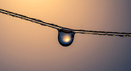 Suspended Teardrop On Twisted Wire Reflecting Soft Golden Light