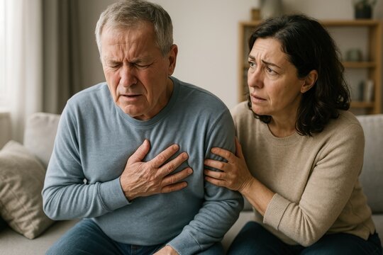 Elderly man experiencing chest pain. - Powered by Adobe
