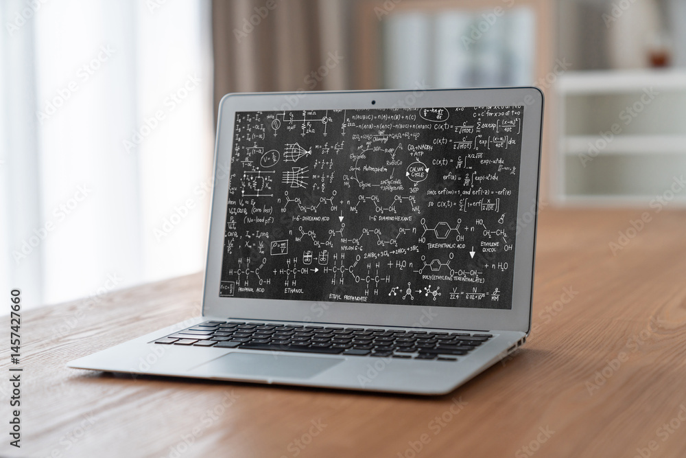 Poster mathematic equations and modish formula on computer screen showing concept of science and education