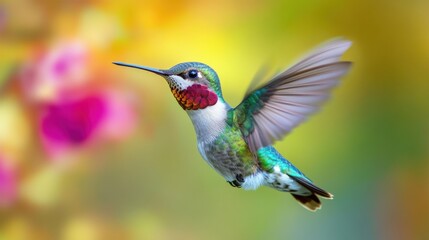 Vibrant hummingbird in flight amongst colorful blossoms.