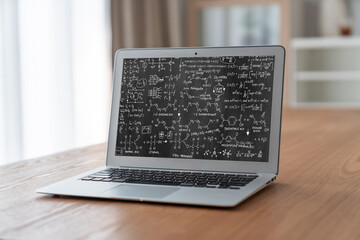 Mathematic equations and modish formula on computer screen showing concept of science and education