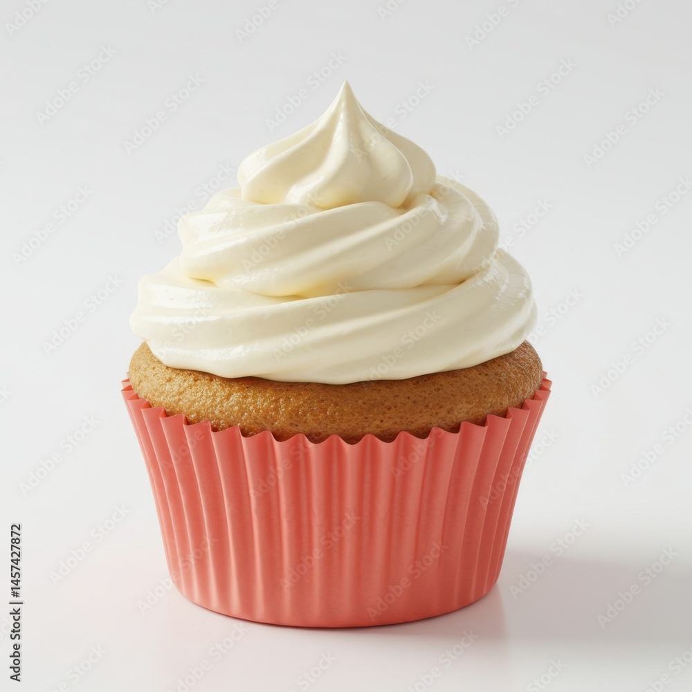 Poster a single cupcake with white frosting in a pink wrapper on a plain white background in studio lightin