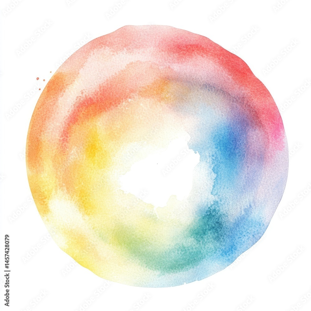 Poster circular watercolor wash design with a rainbow spectrum of colors. soft, blended hues create a ring 