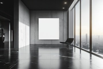 Modern office lobby with blank canvas, cityscape view