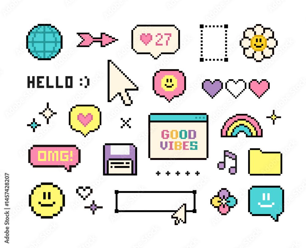Poster pixel game elements and stickers of good vibes 90's aesthetics. 8-bit retro game background. y2k sim