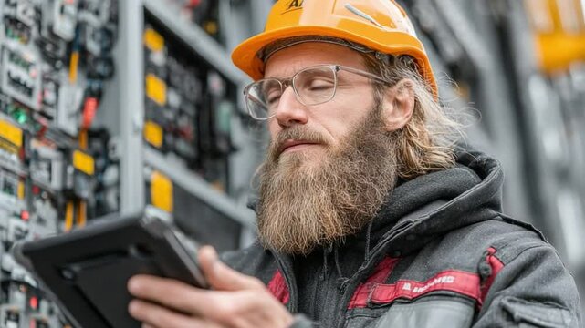 Engineer's Precision: An engineer meticulously examines data on a tablet, while wearing a safety helmet in a technical environment, ensuring precision and functionality. 