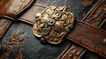 An intricate close-up of an antique suitcase buckle, highlighting the craftsmanship of old-world travel gear 