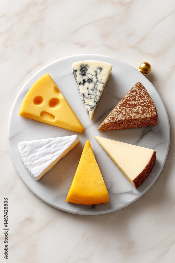 Poster circular cheese board with five distinct cheeses displayed on a minimalist white marble background. 