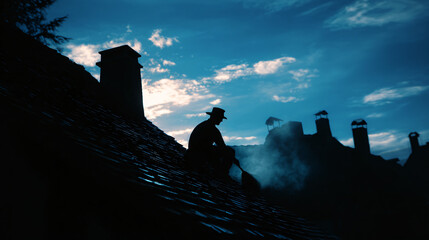 Lamp chimney sweeper clean a roof in a quaint village.