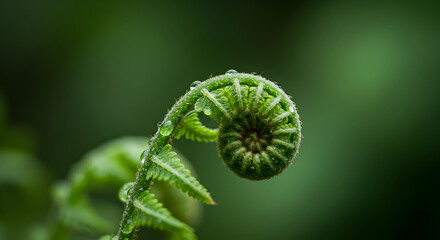 Unfurling Fern Frond With Dewdrops Macro On Green Background