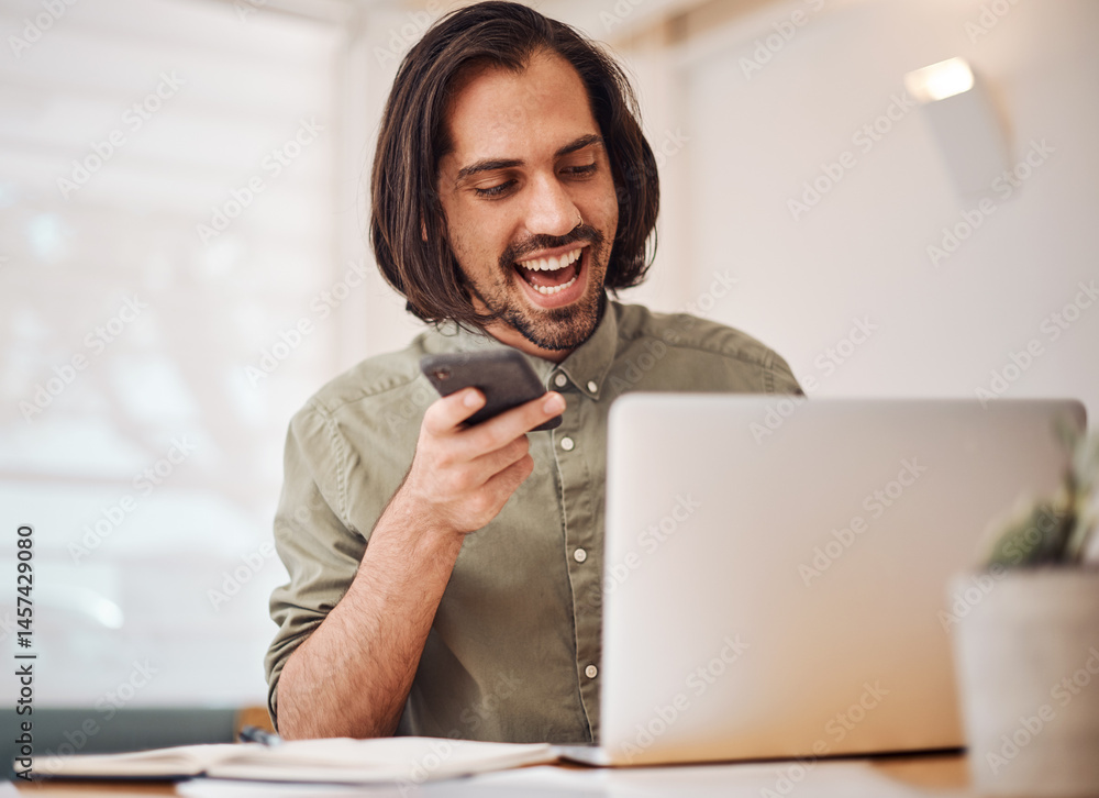 Poster creative, laptop and phone call with design man in office of small business for web development. com