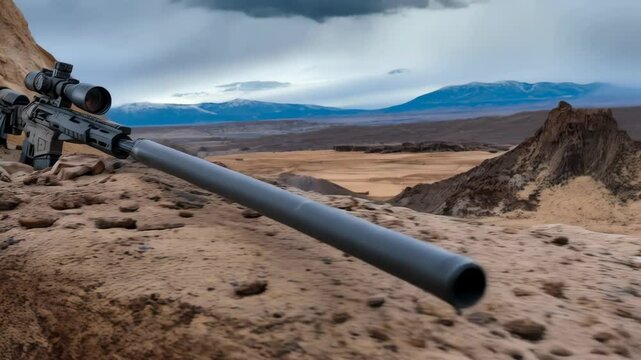 Sniper rifle with scope and suppressor lying on the sandy desert ground, blurred mountain range in the background, long range weapon, firearms, close-up