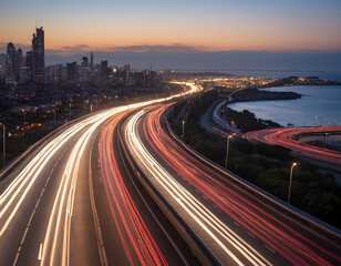The motion blur of a busy urban highway during the evening rush hour. The city skyline serves as the background