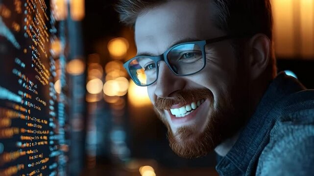 A tech savvy software engineer surrounded by holographic code streams and interface designs