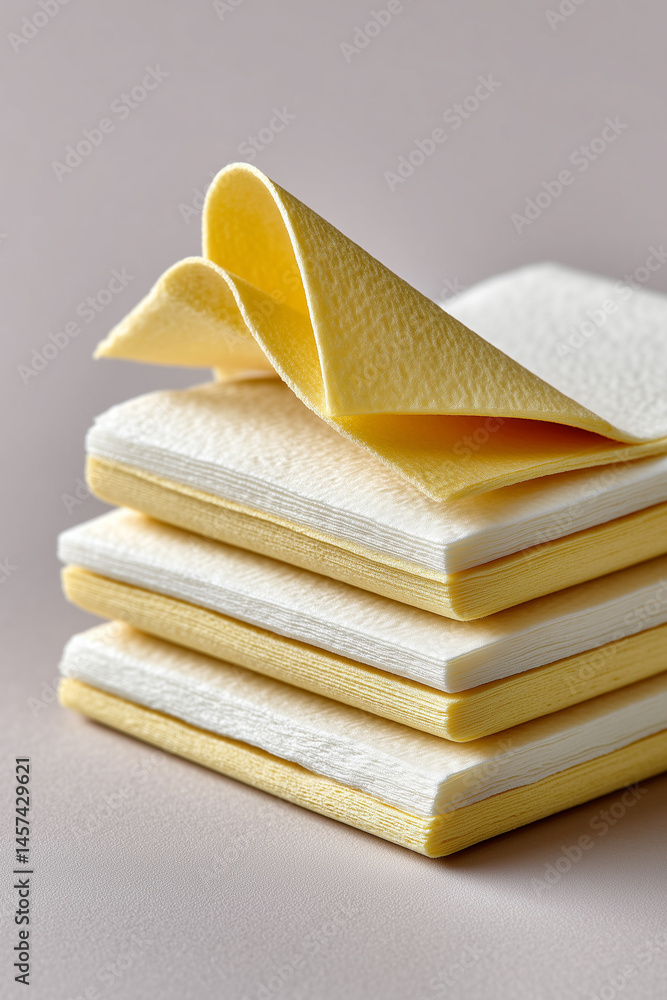 Poster minimalist composition of uniform thin cheese layers slightly separated on clean white surface. conc