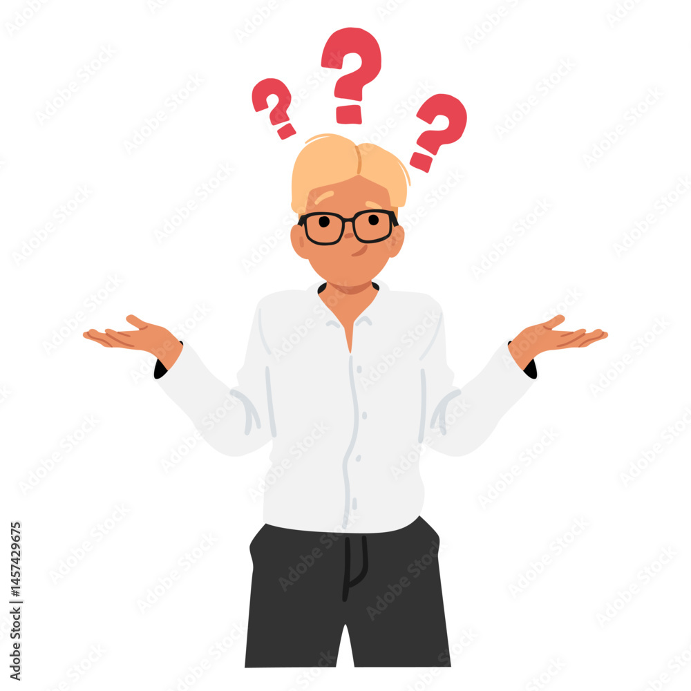Poster puzzled nerd boy cartoon geek student character in glasses thinking on question isolated on white