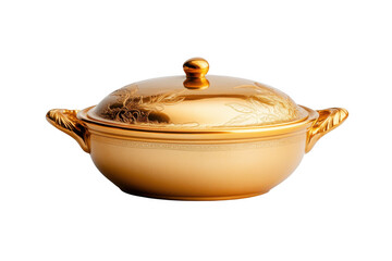 Golden casserole dish with lid on transparent background