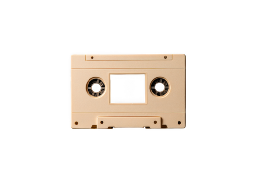 Beige audio cassette tape front view on transparent background