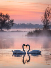 A pair of swans floating closely together on a calm lake at sunrise, their necks arched to form a perfect heart shape. The water is glassy and still, reflecting the soft pink and orange sky above. Lig