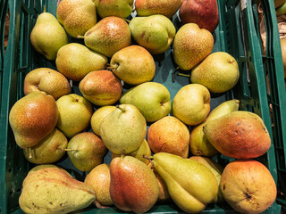 Fresh and Juicy Pears Displayed in Market Crate