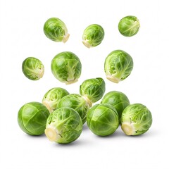 Fototapeta premium Brussels sprouts falling on a white background, creating a dynamic effect