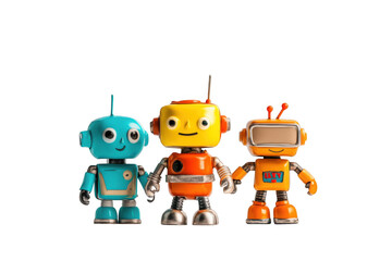 Obraz premium Three colorful toy robots standing on transparent background