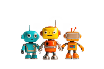 Three colorful toy robots standing on transparent background