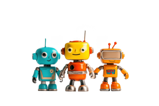 Three colorful toy robots standing on transparent background