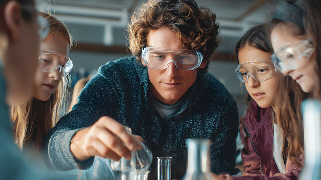 Modern Classroom Teacher Guiding Students in Science Experiment