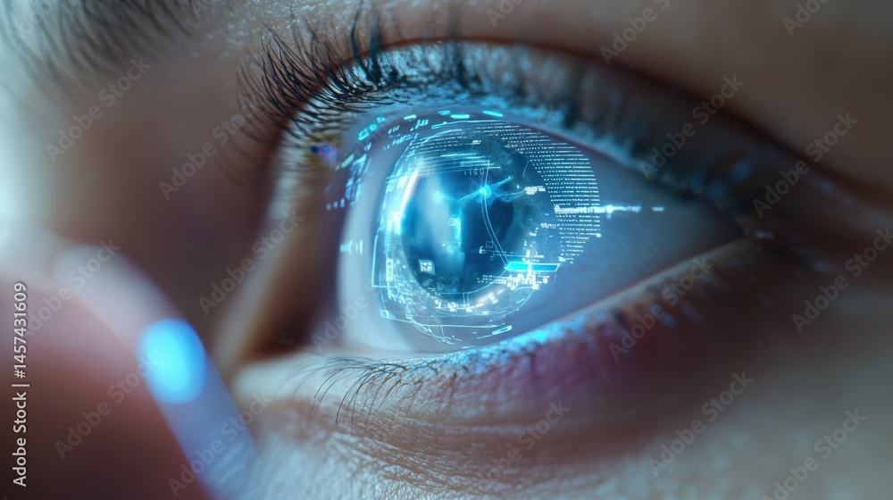 Poster close-up view of an eye with a digital projection.