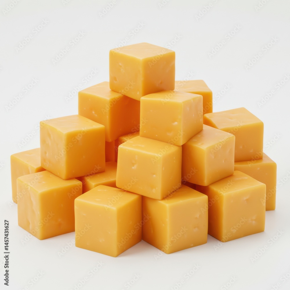 Poster a pyramid of cheddar cheese cubes stacked on a white surface in a studio setting close up view