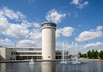 Tall tower with circular top near a building and fountain on a sunny day