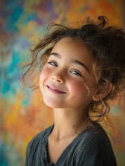 Retrato de niña ed ojos claros sonriente con fondo colorido y mirada tierna