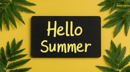 Bright Yellow Background with "Hello Summer" Message and Lush Green Fronds for a Summery Vibe.